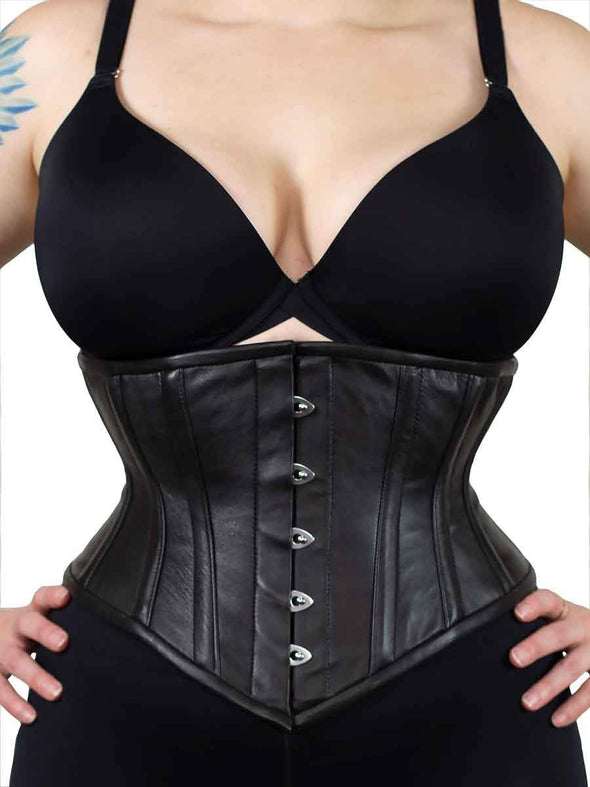 plus size cs201 black leather waist trainer corset front busk view