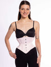 hourglass curve 201 short corset in pink satin worn with black bra and leggings for fashion or waist training