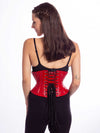 cute model wearing the cs201 waspie corset in red pvc back lace up view