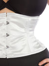 close up of plus size underbust 301 waspie white satin steel boned waist training corset