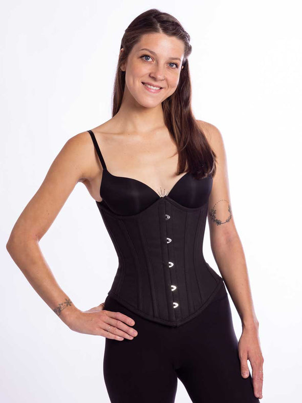 Model wearing the cs345 longline cotton corset in black front facing