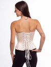 smiling model wearing the cs411 overbust corset top in ivory satin back lace up view