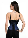 cute corset model wearing a black bra and leggings with a navy blue satin corset to complete the outfit showing the back lace up corset view