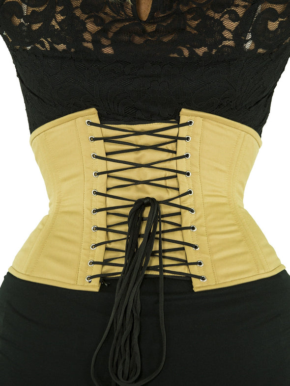 plus size 411 beige cotton steel boned waist training corset back view 