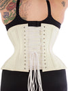 Rear view of 479 plus size satin ivory corset 