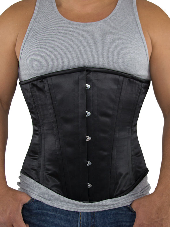 model wearing the plus size 701 longline mens steel boned corset black satin front view