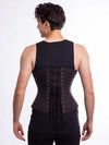 Male model wearing the modern curve cs 701 corset in black cotton back lace up view