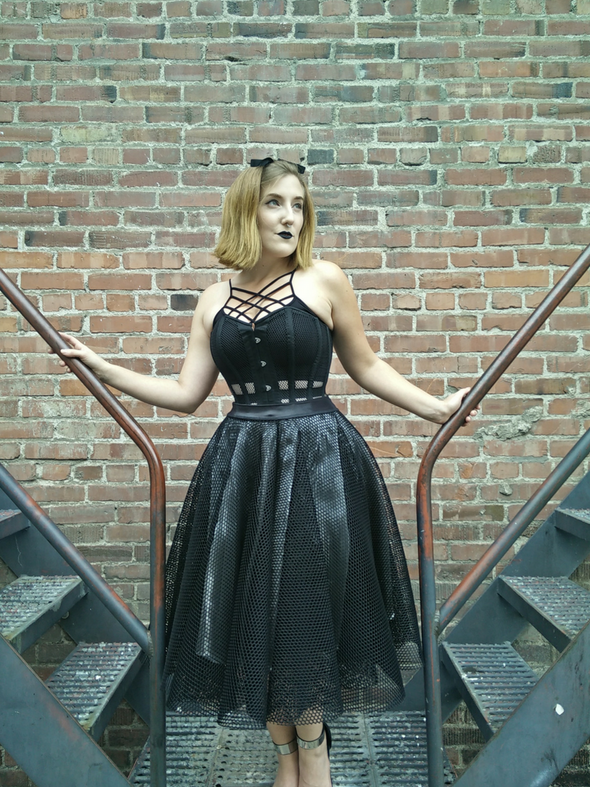 model wearing cs 511 black mesh overbust corset