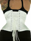 Model wearing our plus size 426 with hip ties steel boned waist training corset in white satin from the rear