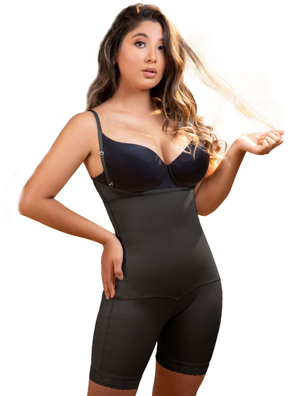 Front model view of a Strong compression black Vedette body shaper for parties or post surgery fajas colombianas made in Columbia