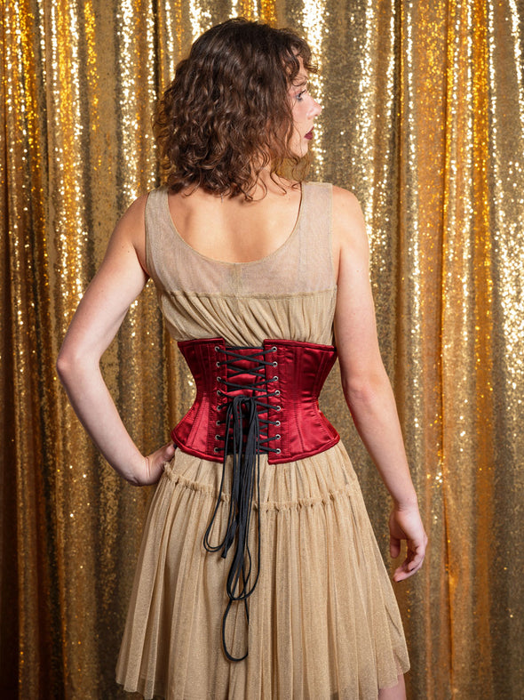 Black friday sale corsets red dahlia satin and black shantung on a gold sequin background
