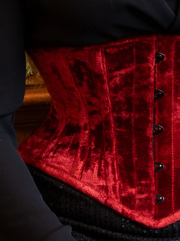 Close up detail of the CS201 red velvet hourglass curve corset