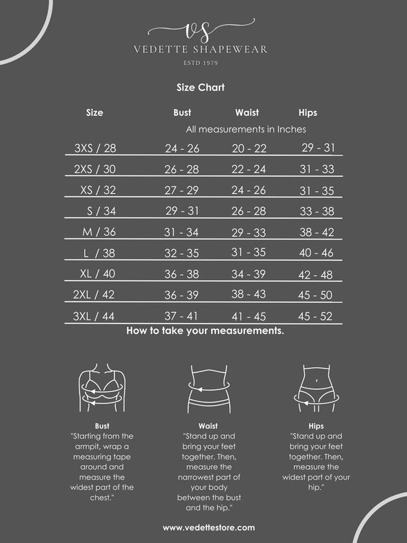 size chart for Vedette fajas colombianas shapewear waist cincher with how to measure instructions 