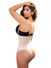 Rear thong view of a Model with long brown hair wearing the Vedette 211 Latex Firm Control Waist Cincher Thong Bodysuit beige faja made in Columbia