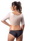 back view of a Model wearing an upper arm shaper and back bulge smoother in beige with sleeves and an open bust