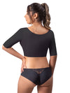 back view of a Model wearing an upper arm shaper and back bulge smoother in black with sleeves and an open bust