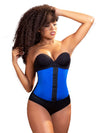 front view of model wearing a blue workout waist cincher by vedette item 348