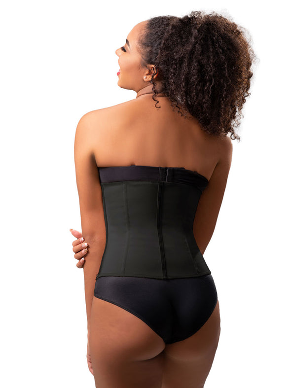 rear model view Vedette 403 Latex Underbust Strapless Shaping Corset with Zipper panels black waist cincher glam front fajas columbianas made in Columbia