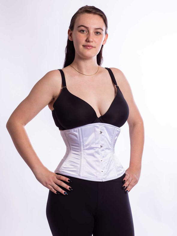 Model wearing the CS411 in fashion color white satin front view