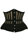 cs 426 hourglass curve  Black corset with mesh panels on a white background