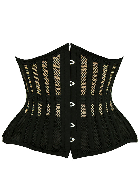 cs 426 hourglass curve  Black corset with mesh panels on a white background