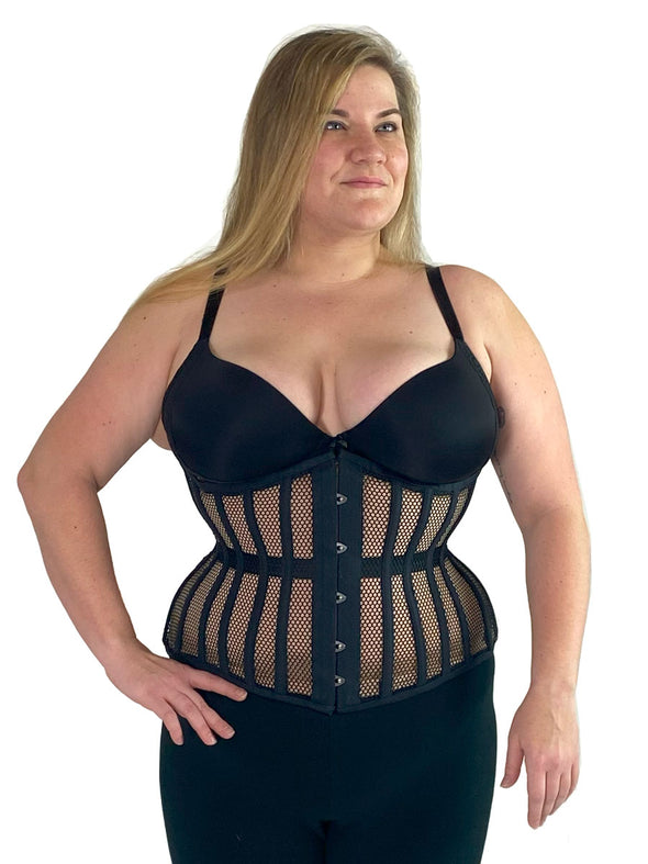 plus size curvy model wearing the 426 longline mesh waist training corset in black with a black bra and black leggings