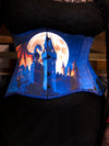 CS426 midnight blue Corset with dragon and castle design on a dark background