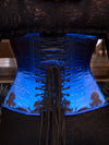 CS426 hourglass curve Blue corset with lace-up back on a dark background