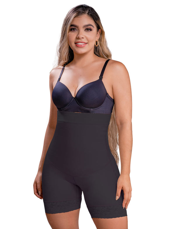 Vedette fajas Colombiana buttlifter shapewear short in mocha beige and black front view on a model