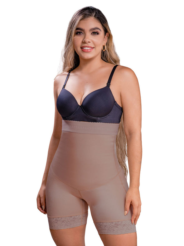 Vedette fajas Colombiana  buttlifter shapewear short in mocha beige and black front view on a model 