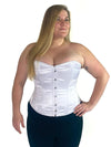 plus size corset model wearing a Orchard corset cs-530 overbust corset top in white satin with black leggings