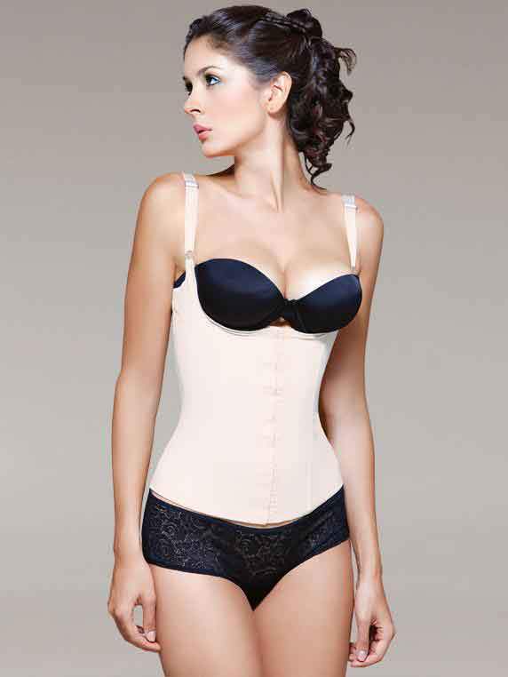 Vedette 200 POWERFUL Strapped Latex Waist Cincher nude with front closure front view