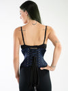 back laceup view of a navy blue satincs201 waist training corset