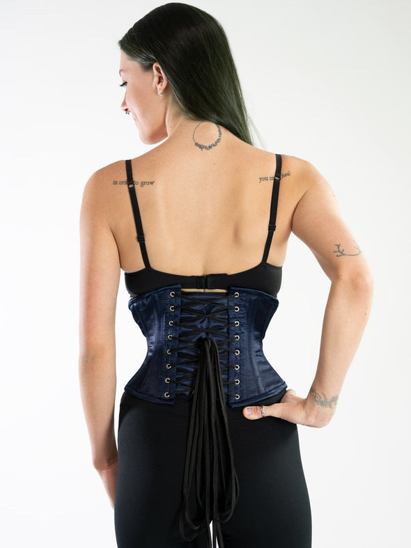 back laceup view of a navy blue satincs201 waist training corset