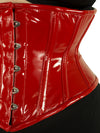 red PVC cs-201 waspie waist trainer steel boned corset, close up front