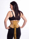 Model wearing black leggings and a black bra with the 201 beige mesh steel boned waist training corset back view