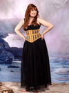 cute corset model wearing a black tulle skirt with a beige mesh cs-201 hourglass curve corset at the beach