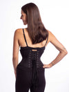 Back view of a Cute model wearing the cs201 waspie corset in black Cotton