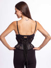 cute model wearing the cs201 black lace mesh wapie waist trainer corset back lace up view