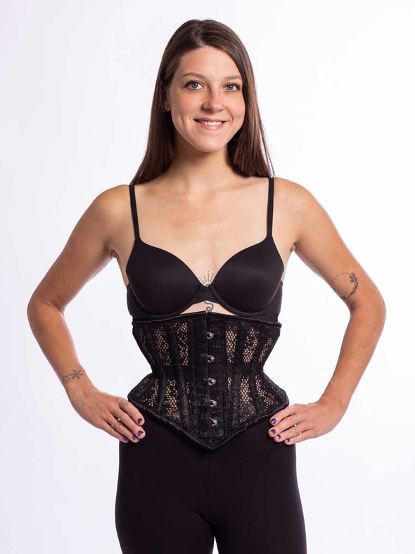cute model wearing the cs201 black lace mesh wapie waist trainer corset