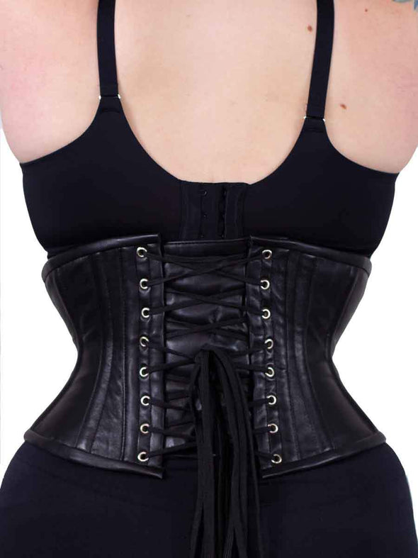 plus size cs201 black leather waist trainer corset back lace up view of strong cord lacing