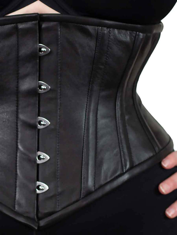 cs201 black leather waist trainer corset detail view of boning and stainless steel pins and loops