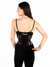Back lace up corset view of a Cute model wearing the 201 hourglass curve black mesh over black leggings and a black bra