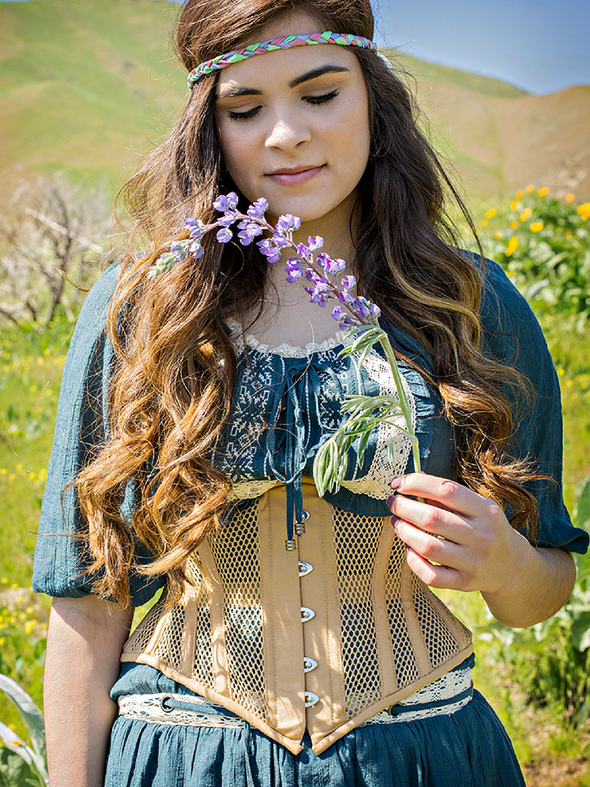 Model wearing the cs201 beige mesh waspie corset