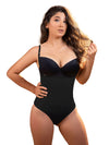 Model with long brown hair wearing the Vedette 211 Latex Firm Control Waist Cincher Thong Bodysuit Black