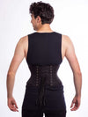 Male model wearing the cs 301 short waspie corset belt in black cotton back lace up  view