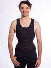 Male model wearing the cs 301 short waspie corset belt in black cotton front view