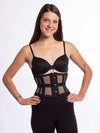 Model wearing the cs 301 black mesh waspie corset front view