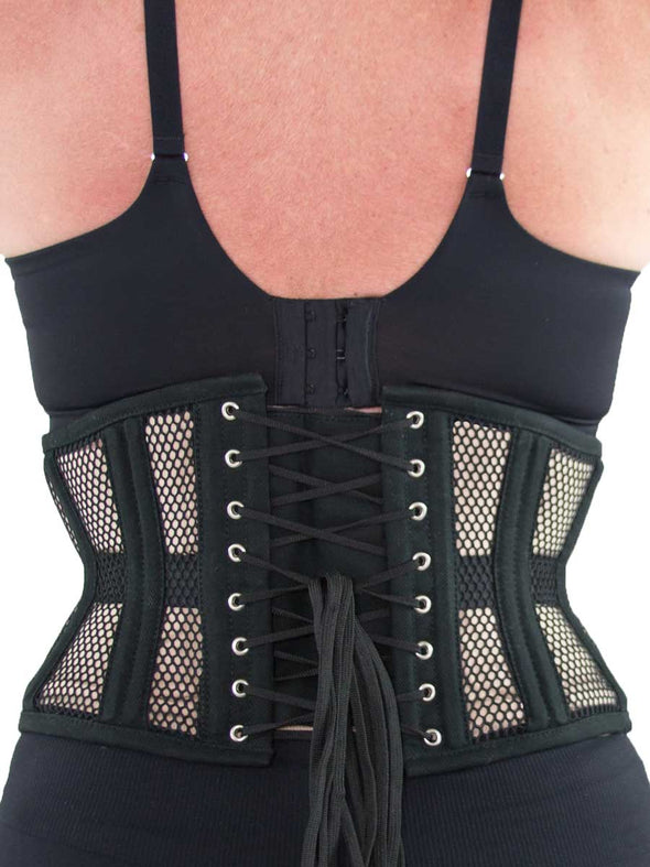 plus size black mesh steel boned waist training corset back lace-up view