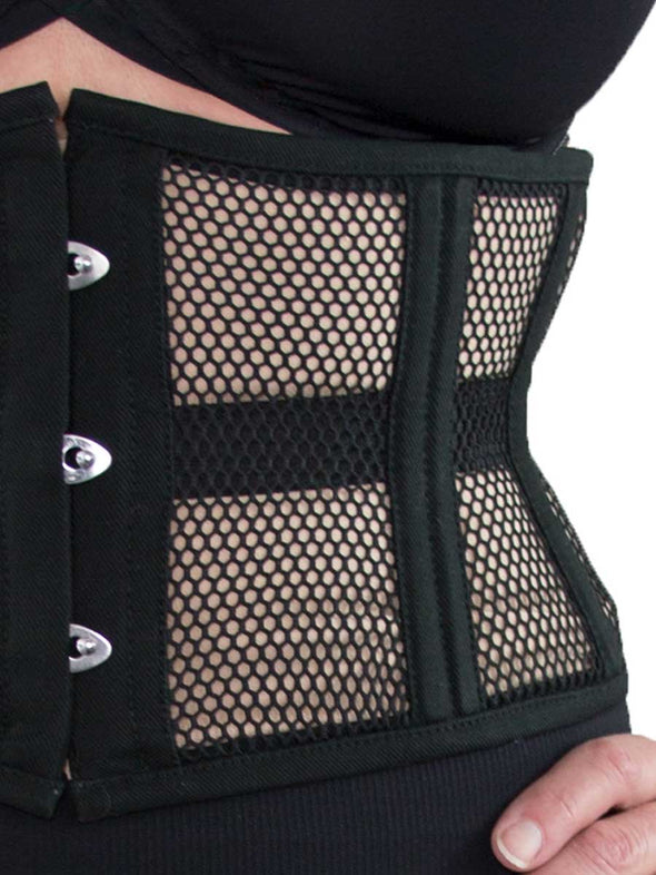 plus size black mesh steel boned waist training corset close up detail view of waspie
